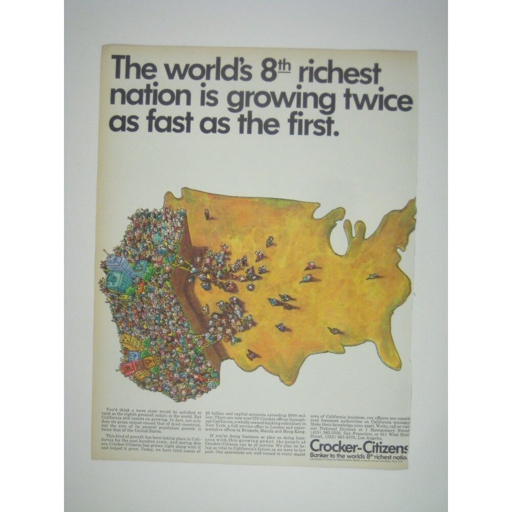 Crocker-Citizens Bank Ad World 8th Richest Nation Map 1960s ADVERT Print READ